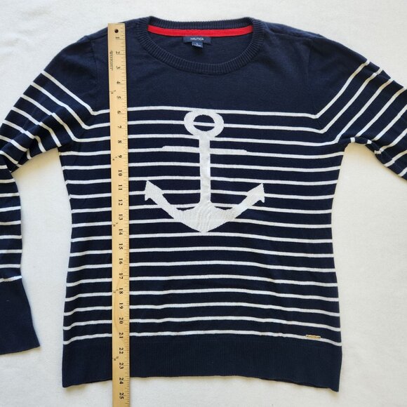 Nautica Navy & White Anchor Striped Sweater Preppy Prep Fisherman Coastal Cute - Picture 7 of 9